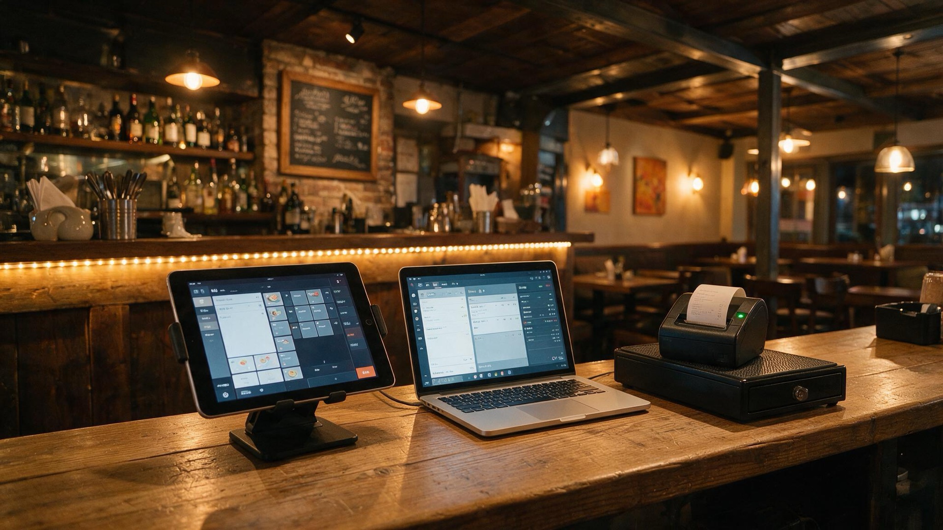 Equipo propio de un restaurante: tablet, computadora e impresora térmica